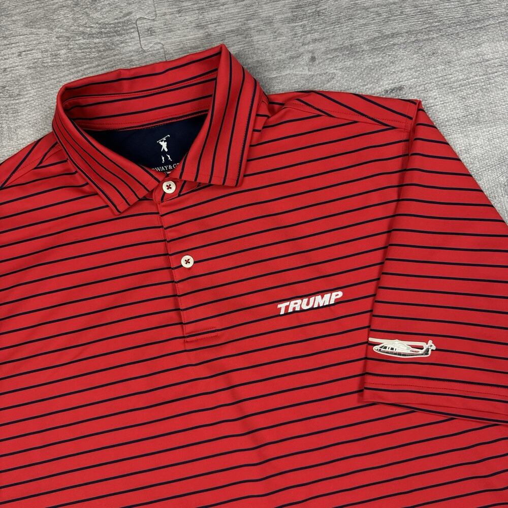 Fairway & Greene TRUMP made USA Polo Shirt L Red Striped Helicopter Preppy Golf